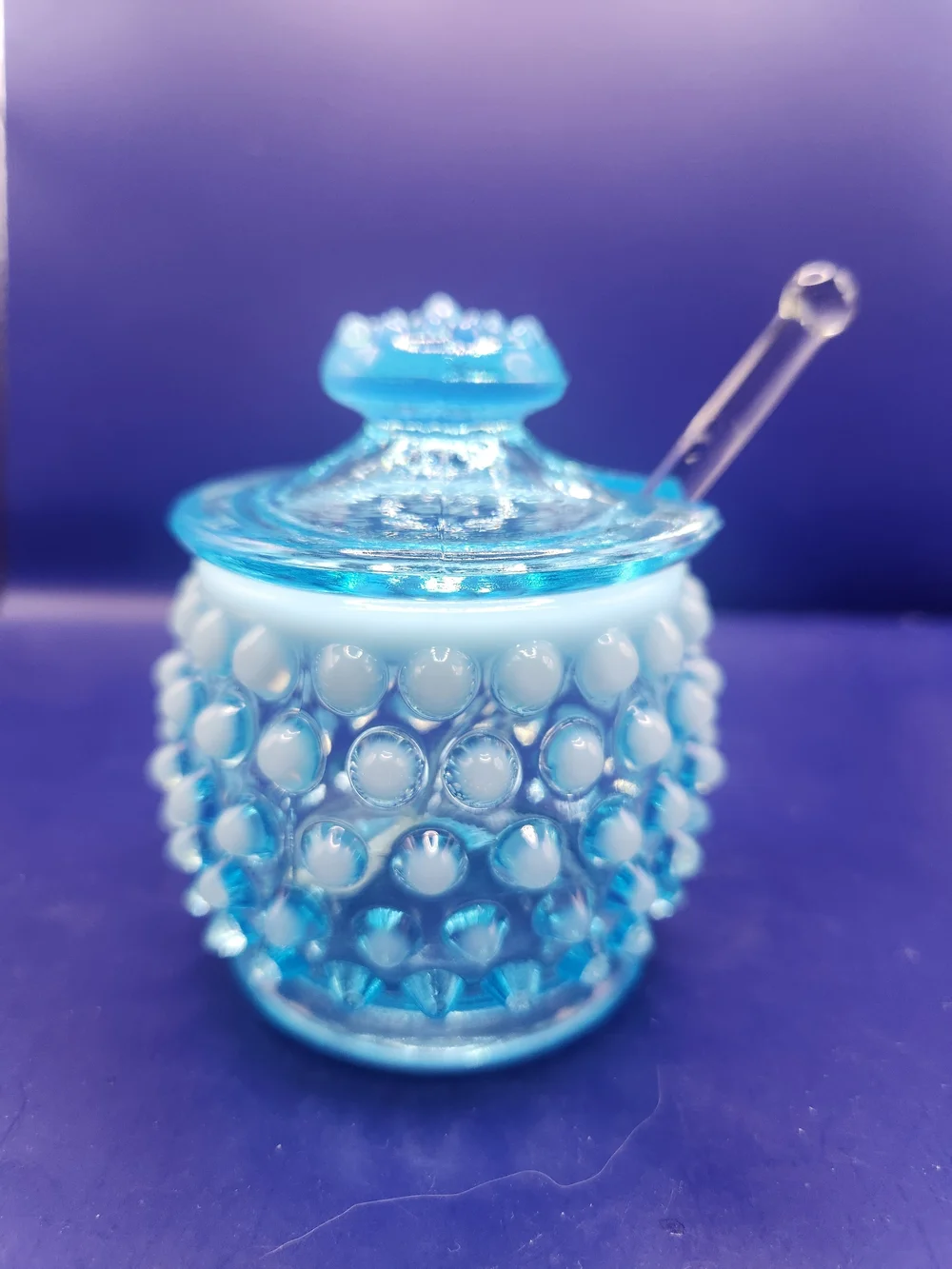 Fenton Blue Opalescent Hobnail Glass Jam Jar with Lid & Spoon